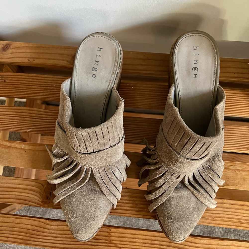 Hinge Fringe Mules Taupe